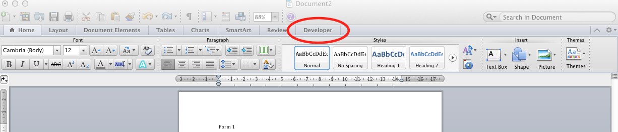 word for mac 2011 developer tab visible